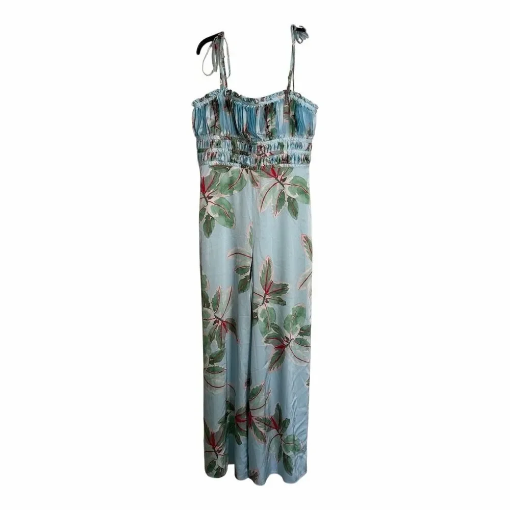 Anthropologie Hutch Ruched Satin Floral Wide Leg Jumpsuit Size 8